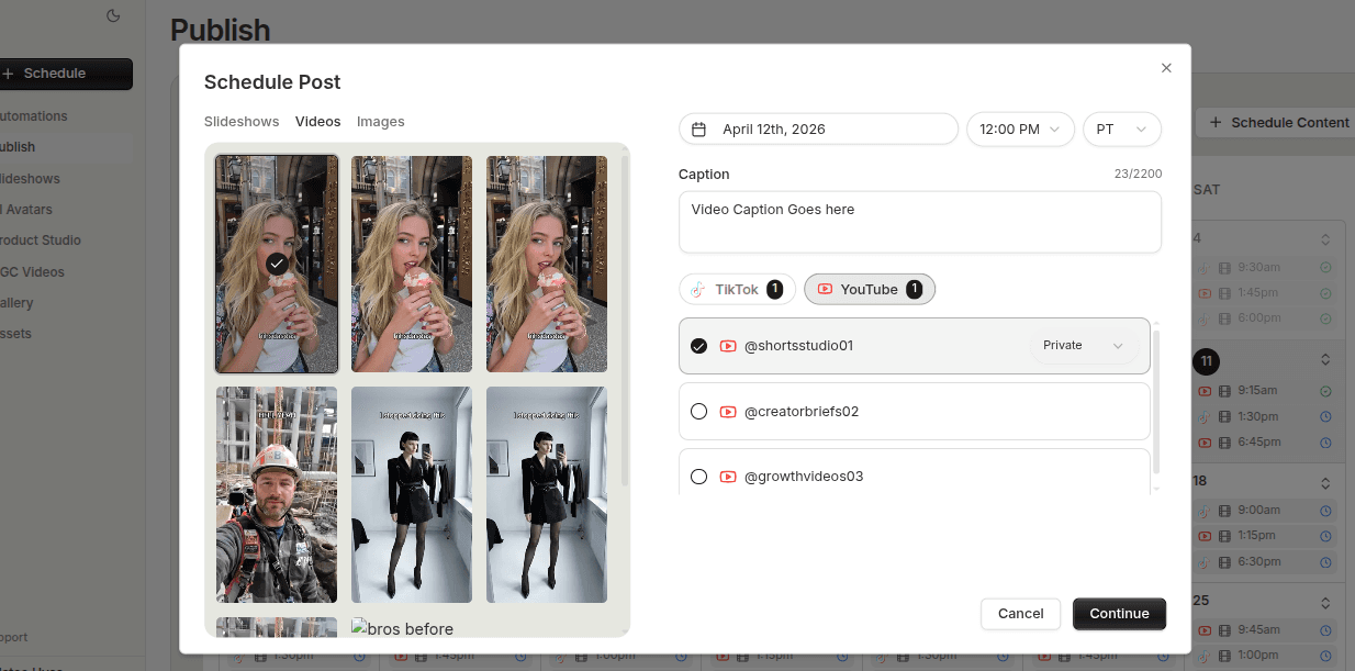 UGC video publishing workflow reused across TikTok and YouTube Shorts