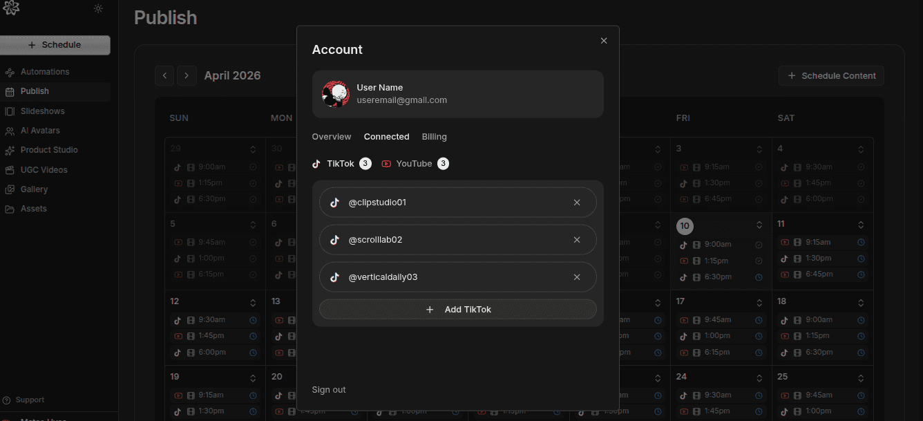dashboard showing several connected TikTok accounts and scheduled posts