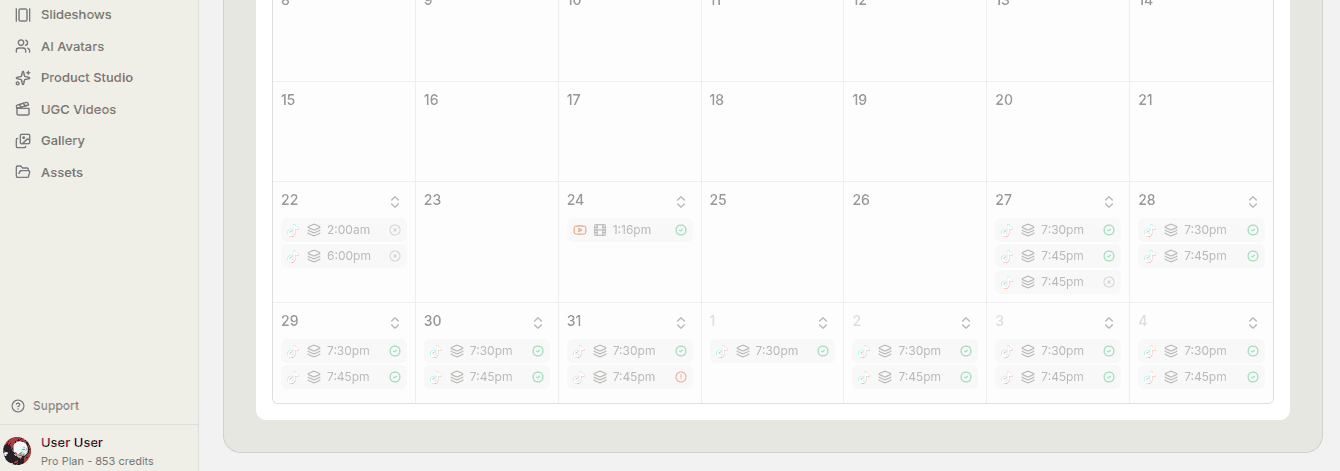 monthly content calendar filled with planned TikTok topics and scheduled posts