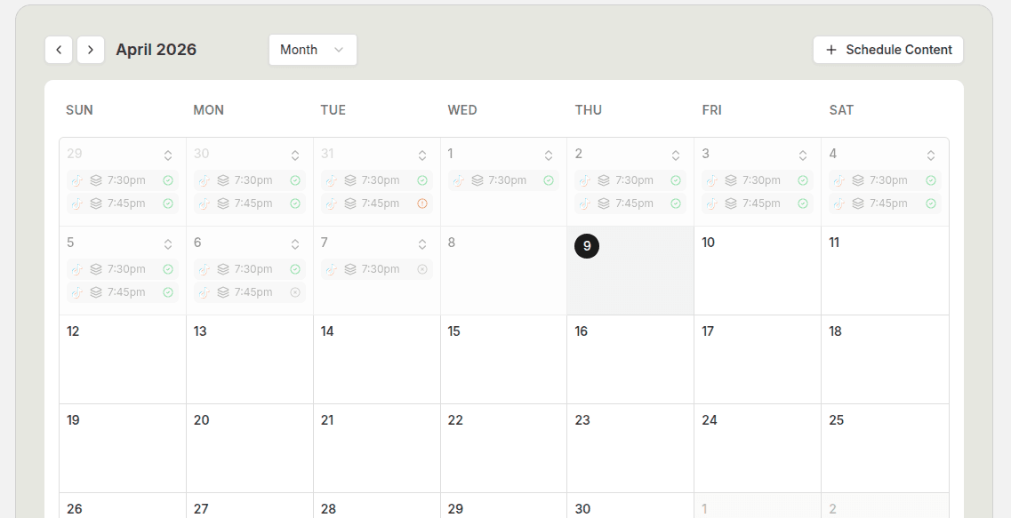 Publish calendar with several TikTok posts scheduled across one month