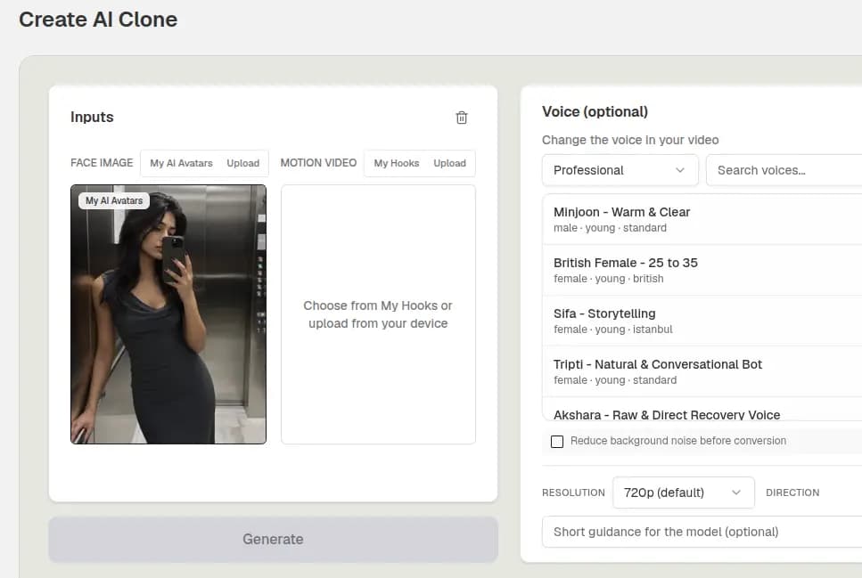 Reels Farm AI clone workflow pairing a face image with a motion video.