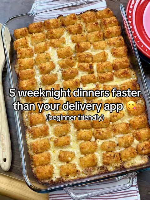 TikTok slideshow cover: 5 weeknight dinners faster than your delivery app 😊 (beginner friendly)