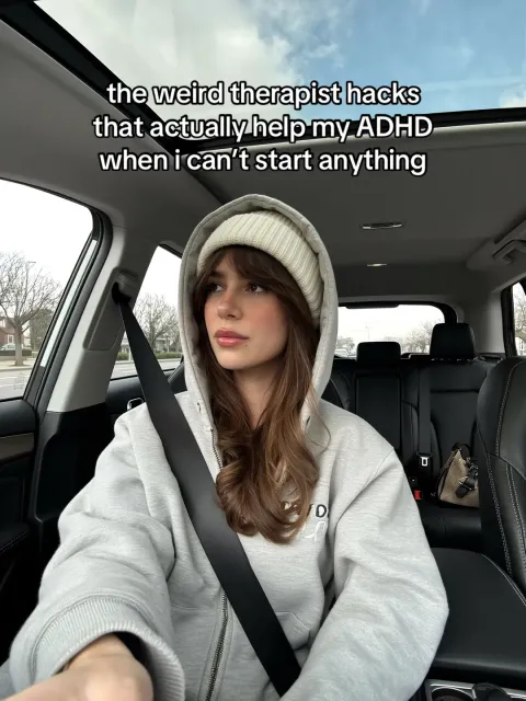 TikTok slideshow cover: the weird therapist hacks that actually help my ADHD when i can't start anything