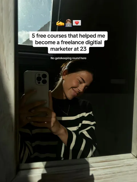 TikTok slideshow cover: 5 free courses that helped me become a freelance digital marketer at 23