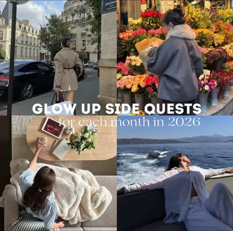 TikTok slideshow cover: GLOW UP SIDE QUESTS for each month in 2026