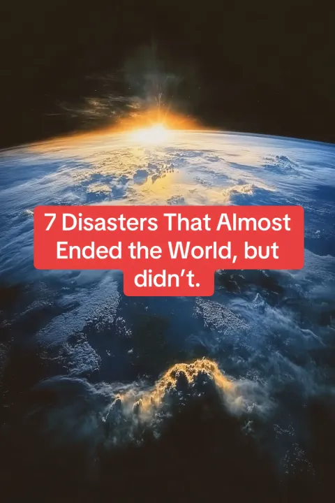 TikTok slideshow cover: 7 Disasters That Almost Ended the World, but didn't.