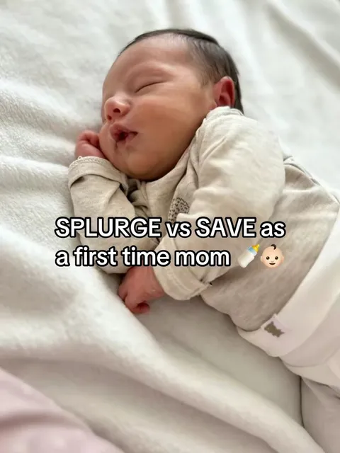 TikTok slideshow cover: SPLURGE vs SAVE as a first time mom