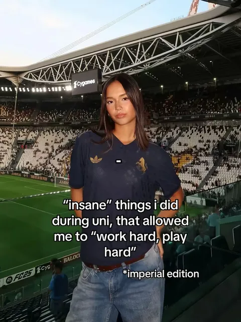 TikTok slideshow cover: "insane" things i did during uni, that allowed me to "work hard, play hard" *imperial edition