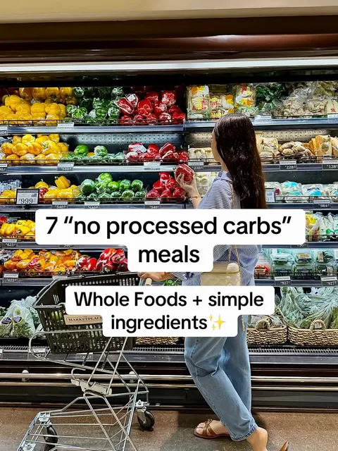 TikTok slideshow cover: 7 "no processed carbs" meals