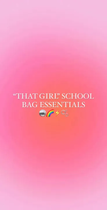 TikTok slideshow cover: "THAT GIRL" SCHOOL BAG ESSENTIALS