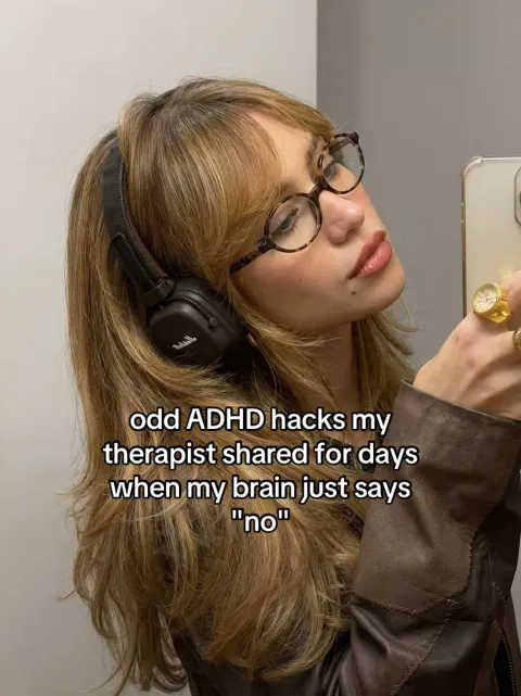 TikTok slideshow cover: odd ADHD hacks my therapist shared for days when my brain just says 'no'