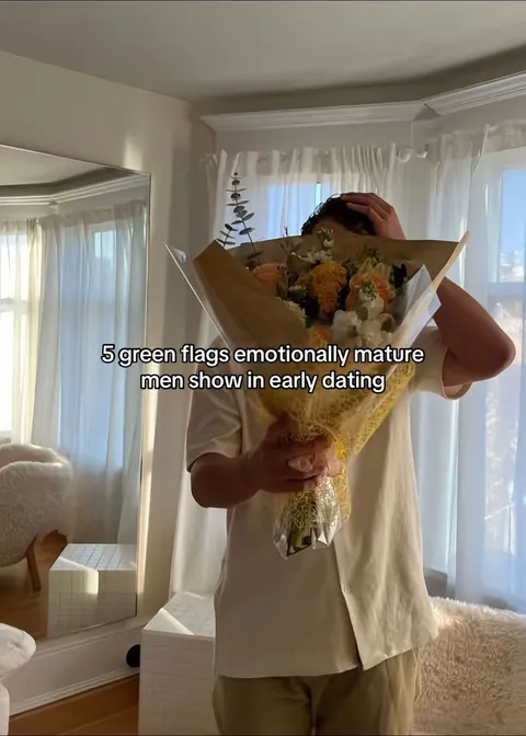 TikTok slideshow cover: 5 green flags emotionally mature men show in early dating