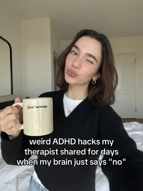 TikTok slideshow cover: weird ADHD hacks my therapist shared for days when my brain just says 'no'