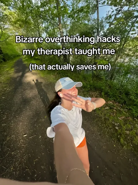 TikTok slideshow cover: Bizarre overthinking hacks my therapist taught me (that actually saves me)