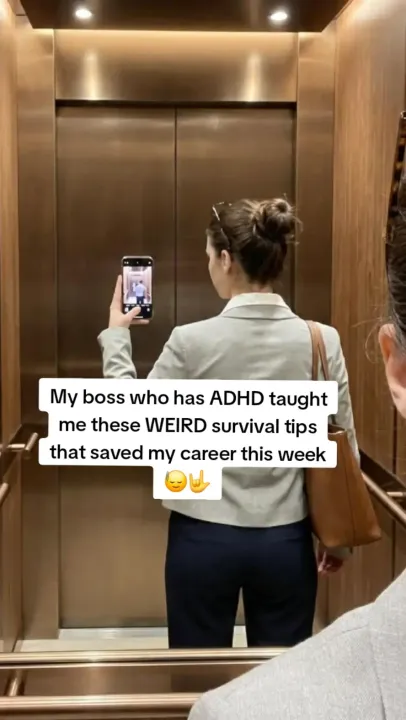TikTok slideshow cover: My boss who has ADHD taught me these WEIRD survival tips that saved my career this week