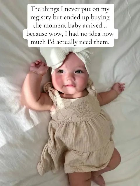 TikTok slideshow cover: The things I never put on my registry but ended up buying the moment baby arrived...