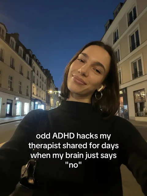 TikTok slideshow cover: odd ADHD hacks my therapist shared for days when my brain just says "no"