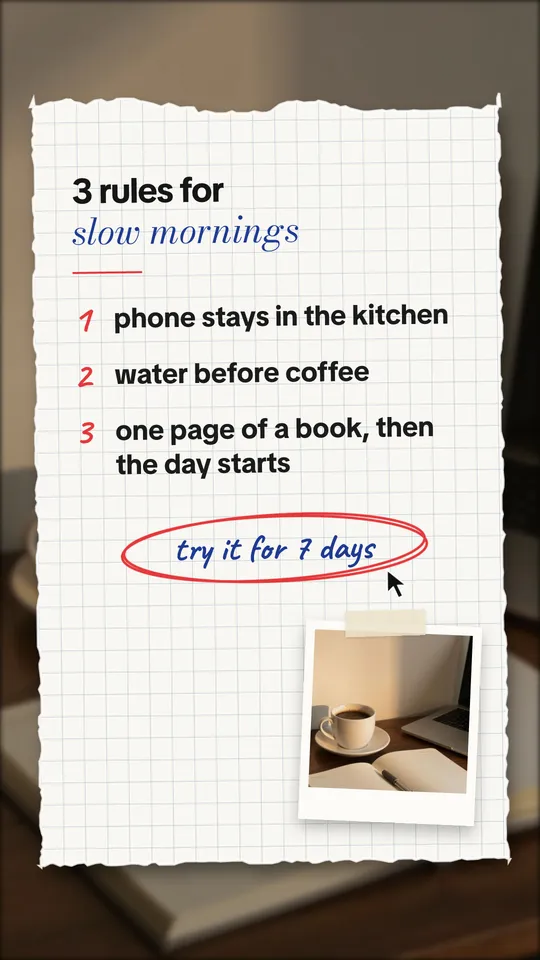 Example notebook slide: 3 rules for slow mornings. phone stays in the kitchen. water before coffee. one page of a book, then the day starts