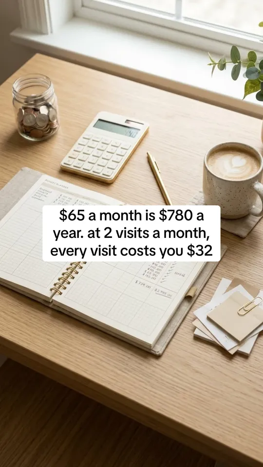 Example slide with the text: $65 a month is $780 a year. at 2 visits a month, every visit costs you $32