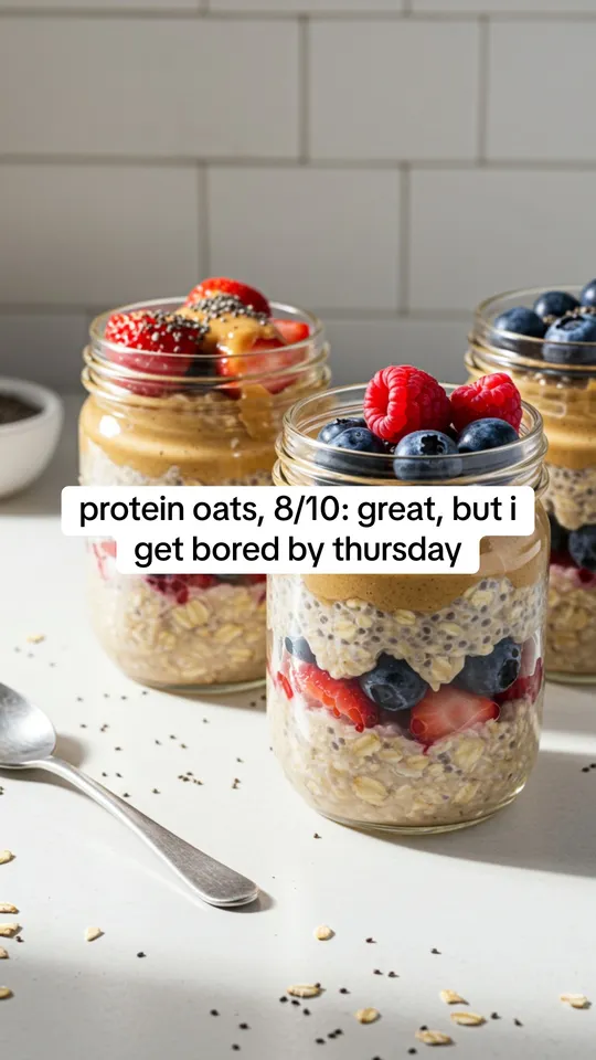 Example slide with the text: protein oats, 8/10: great, but i get bored by thursday
