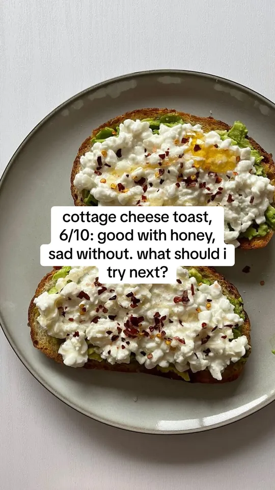 Example slide with the text: cottage cheese toast, 6/10: good with honey, sad without. what should i try next?