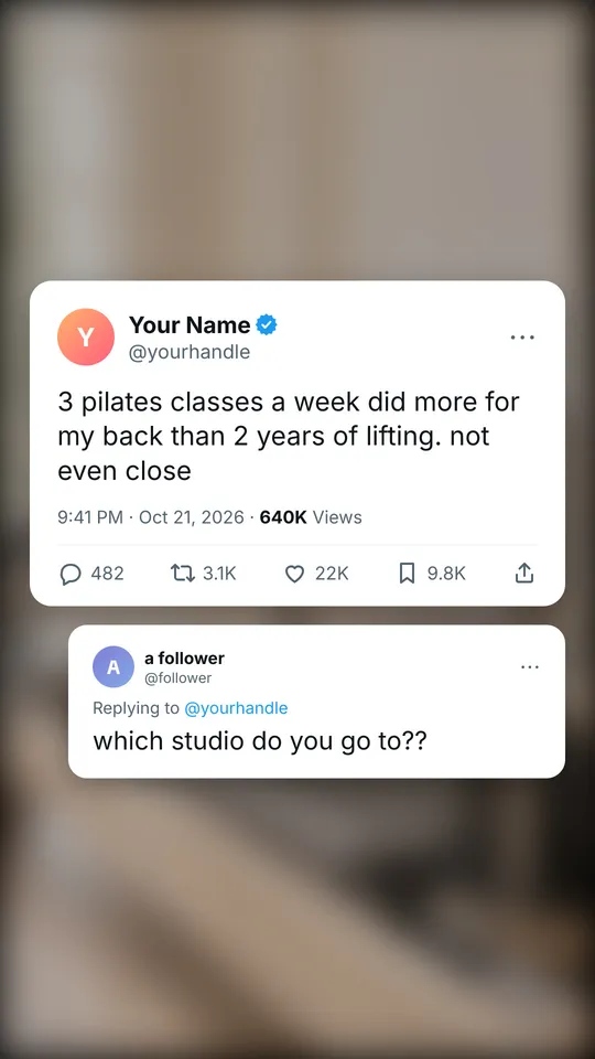 Example tweet slide: 3 pilates classes a week did more for my back than 2 years of lifting. not even close